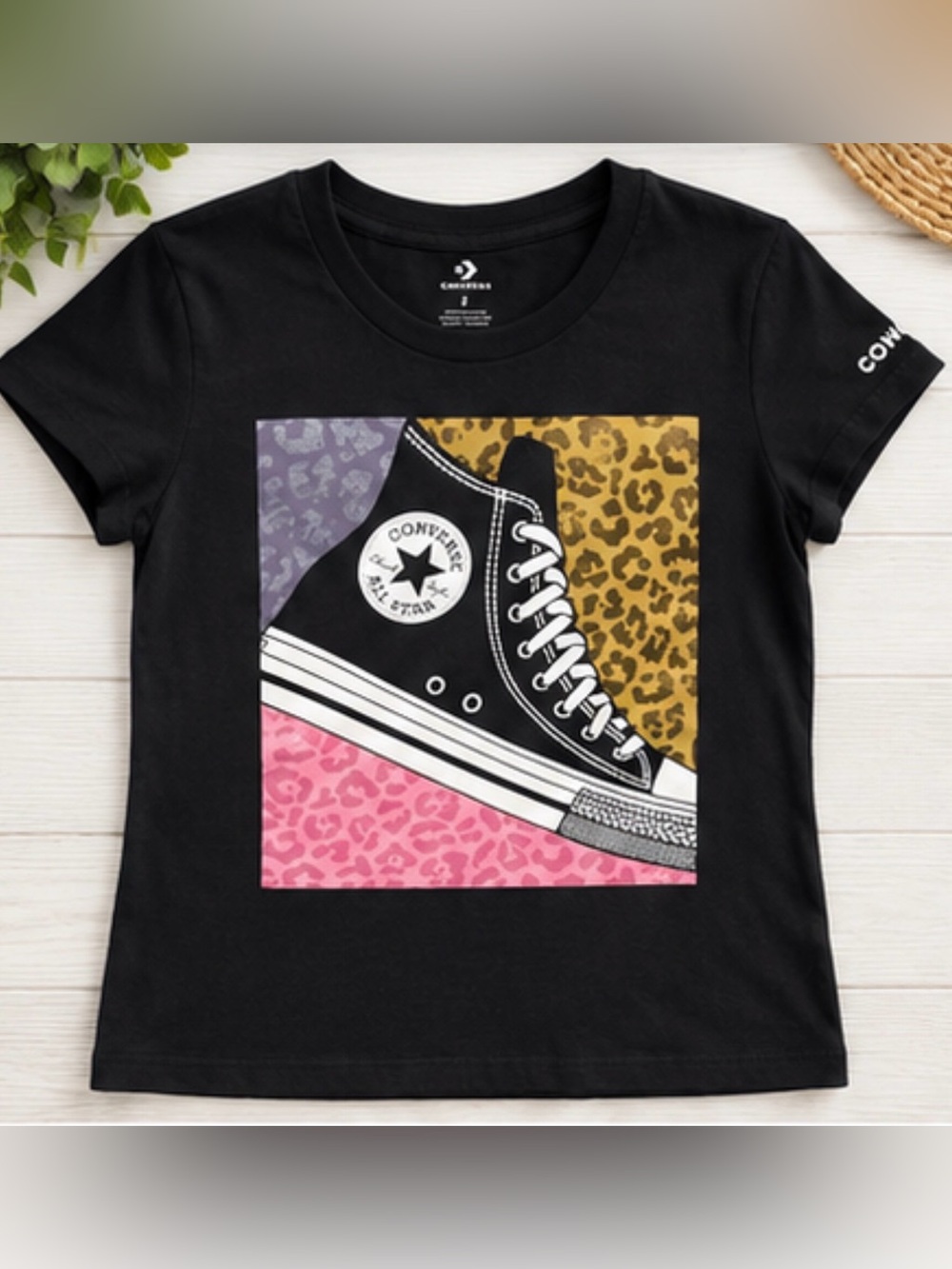 🖤 Converse Women’s Small Black Graphic T-Shirt – Colorful Chuck Taylor Sneaker P